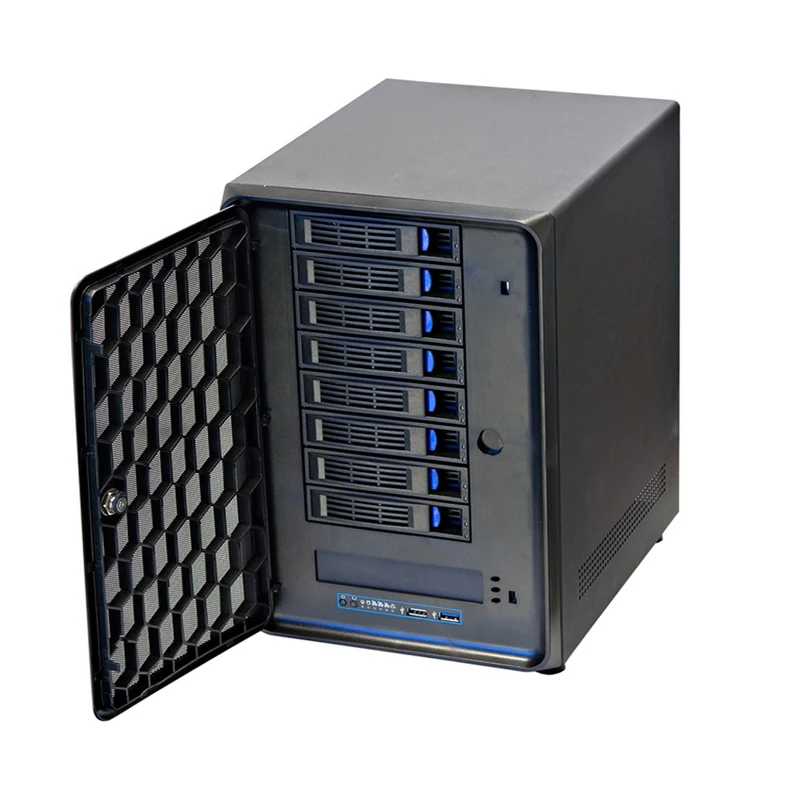 Meistverkauftes 8-Bay HDD-Server-Gehäuse Netzwerkspeicher NAS Aluminiumlegierung Kunststoff SAS/SATA Horizontal Mini-ITX Seitenpanel mit Fenster
