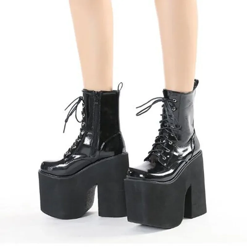16cm Women\'s Side Zipper Punk Goth Platform Boots Comfy Round Toe Lace Up Shoes Solid Color Comabt Boot Chunky Heels Botas Mujer