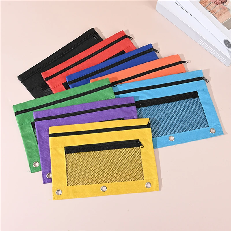 3 Rings Multicolor Pencil Pouch Case Binder Zipper File Canvas Visual Storage Bag Large Capacity Solid Color Pencil Case