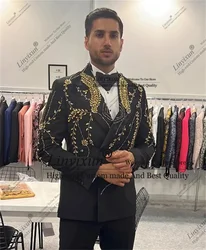 Luxury Crystals Beaded Men Suits Glitter Peaked Lapel Groom Tuxedos 2 Pieces Male Blazers Customized Wedding trajes para hombre