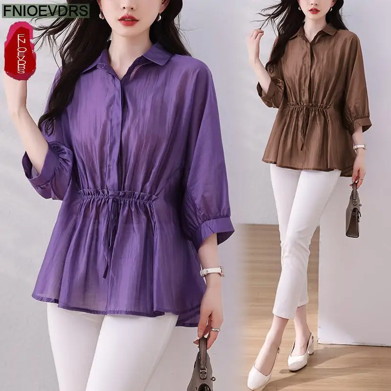 L-5XL Loose Clothes 2024 Summer Retro Button Tops Short Sleeve Women Tunic Fashion Purple Peplum Shirts Blouses