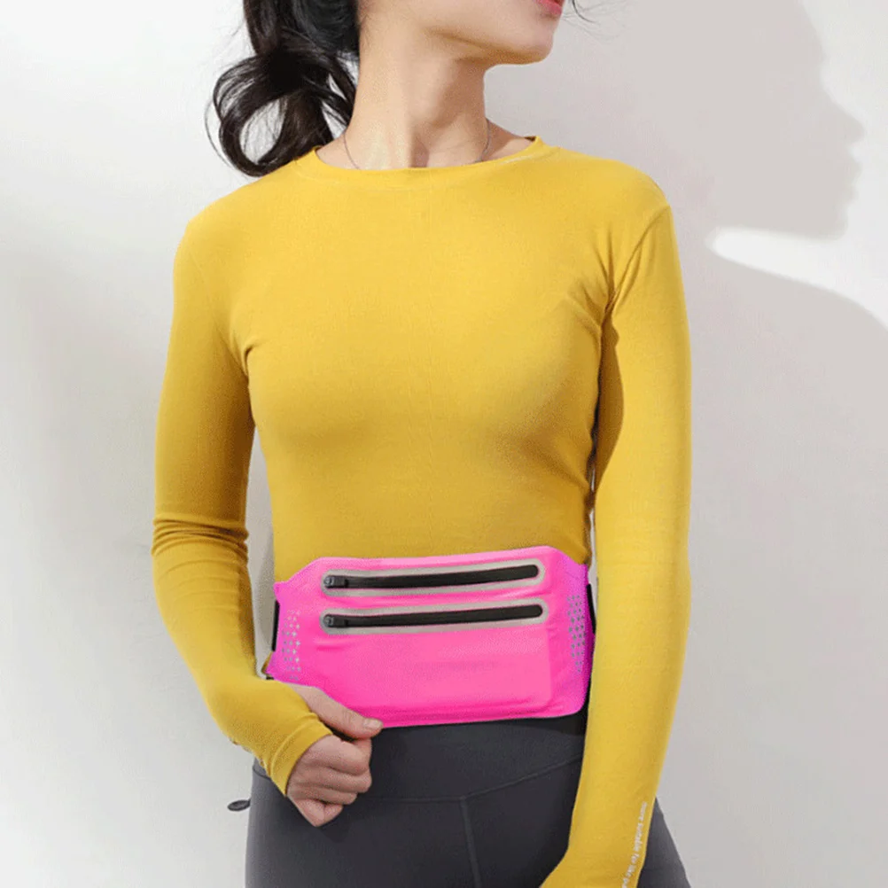 Waist Bag Slim Outdoor Double Zippers Pocket Phone Storage Pouch Sports Running Rosy Comfortable Adjustable Strap Headphone Hole