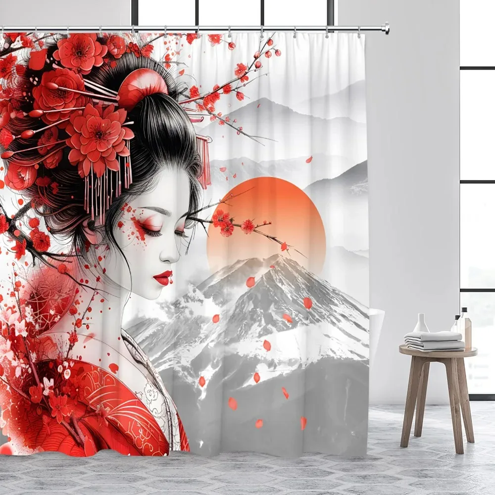 Japanese Style Ink Landscape Shower Curtain Sea Waves Crane Koi Fish Mountain Waterfall Plant Floral Bathroom Curtains Decor Set