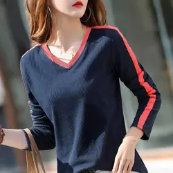 Female Clothing Screw Thread Slim Pullovers Casual Contrasting Colors Spring Autumn New Long Sleeve Elegant V-Neck Basic T-shirt