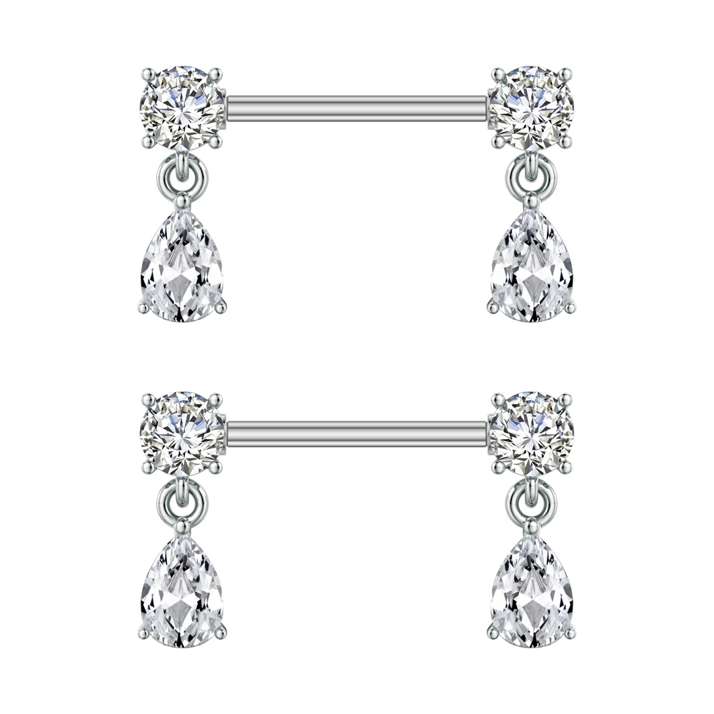 Cross Star Zircon Dangled Shield Bar Nipple Rings, 2pcs Set