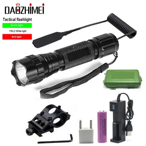 501B Green/Red/White LED Tactical Flashlight 2000 Lumens with Pressure Switch Mount Hunting Rifle Gun Torch Light 18650 Lamp