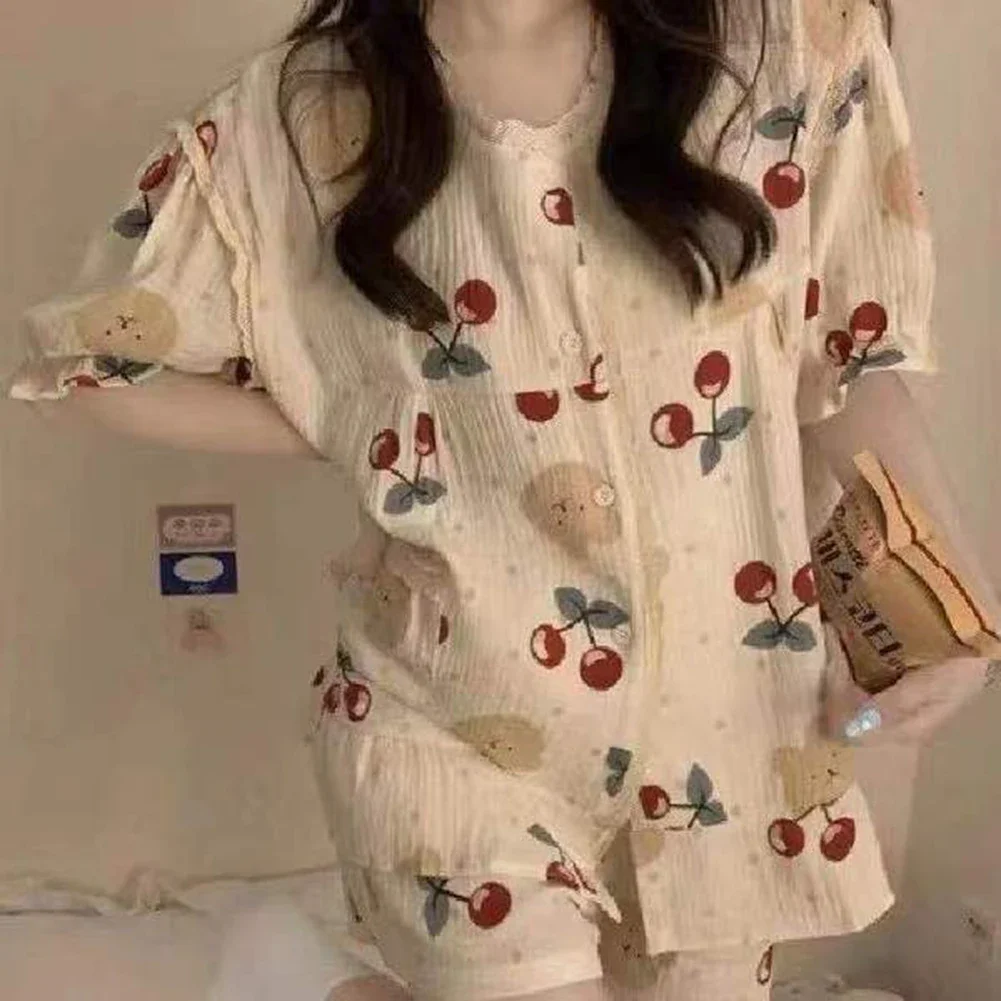 

Womens Short-sleeved Printed Pajamas Sweet Girly Loose Home Wear Set