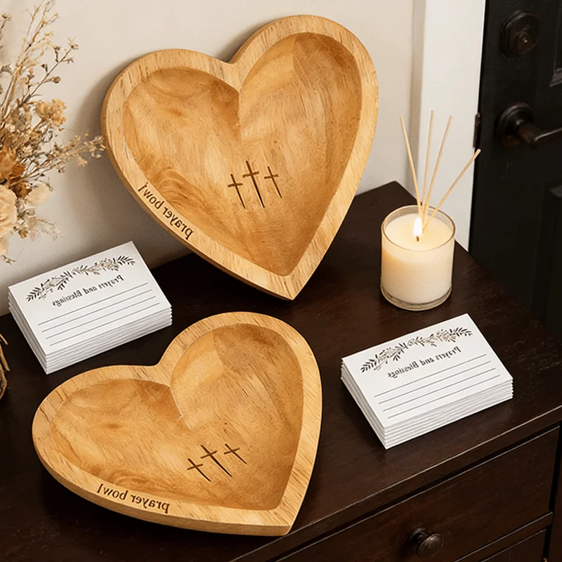 

[Mother'S Day Gift] Vintage Wooden Heart Shape Retail Countertop Display Box, Comes with 24 Prayer Cards, Smooth Wood Surface, C