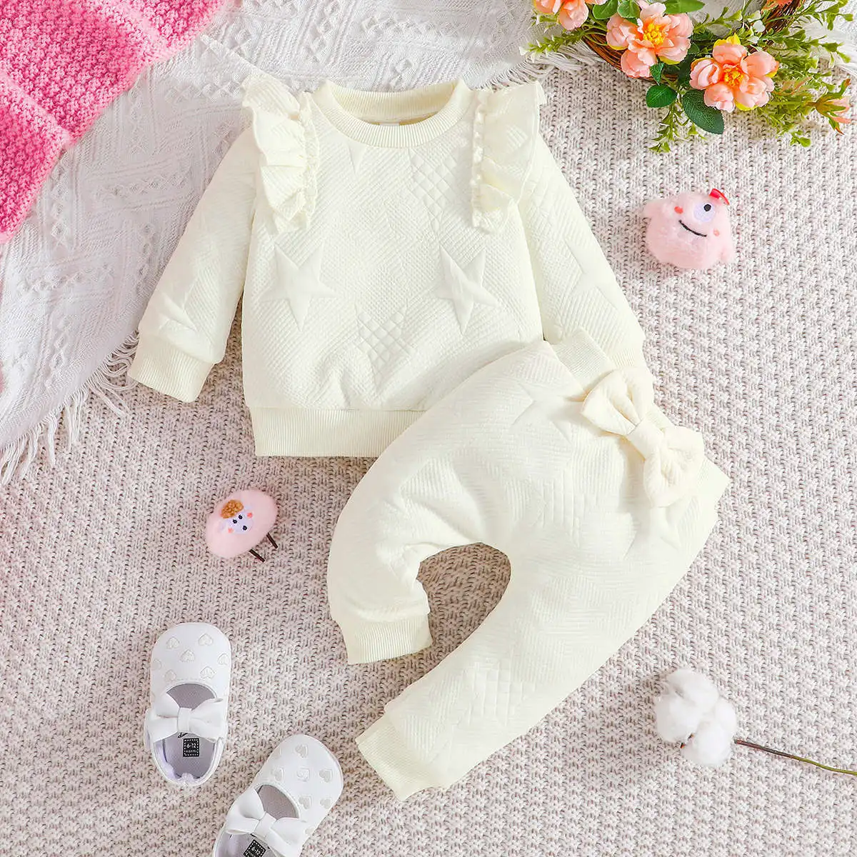 

2023 Winter Children Sets Long Sleeve O Neck Ruffles Bow Apricot 2 Pcs Roupa Infantil Menina Clothes Sets 0-2T