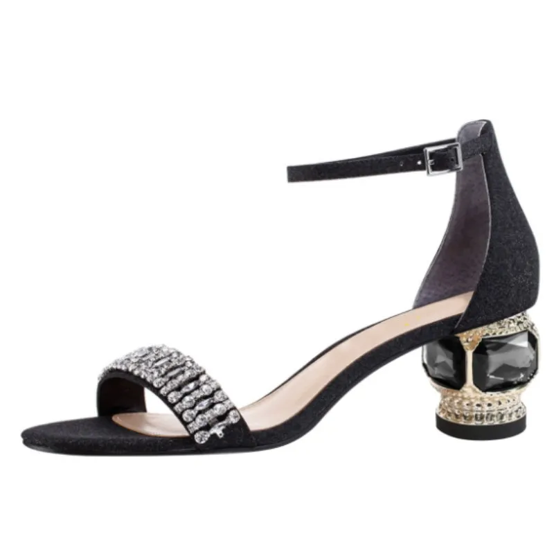 

DIZHUANG Fashionable women's high-heeled sandals. Black stretch cloth sandals About 5.5 cm heel height Crystal hee sandals 34-45