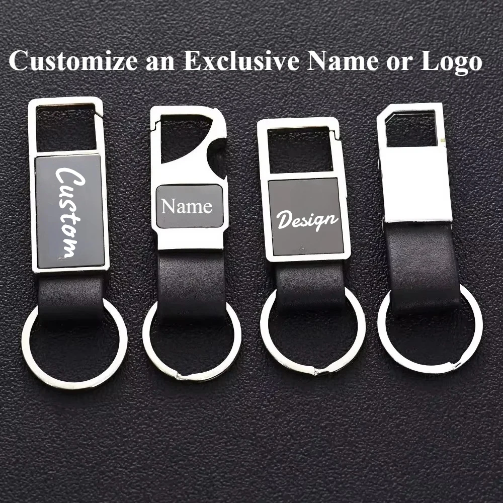 

Custom Laser Logo Name Keychain Men Business Metal Genuine Leather Keyring luxury Creative Car Moto Key Chain Ring Gift