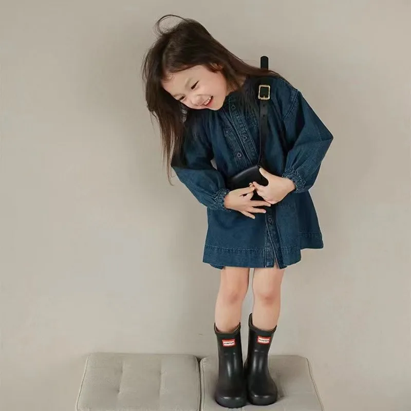 2023 NEW Denim Dress For Kids 2-8Y Fashipn Dress Casual Wear with Leather bag Jean Top Children