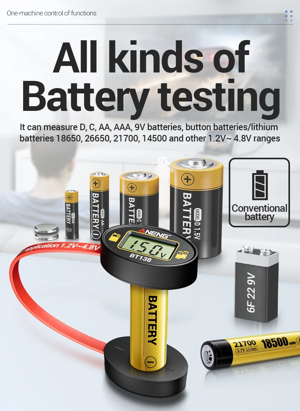 ANENG BT138 Kapazitätstester LCD Universeller Batterieprüfer für AA AAA C D 9V 1,5V Lithium- und Knopfzellenbatterien – Detail 4