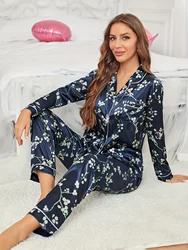 Women's Elegant Floral Print Pajama Set - Long Sleeve Button-Up Top & Pants, Cozy Satin Loungewear for Fall/Winter, for Autumn,