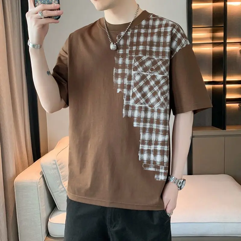 Short Sleeve T-Shirt Men's 2026 New Watermark Plaid Printing Loose Crew Neck Half Sleeve Men's Half Sleeve Top