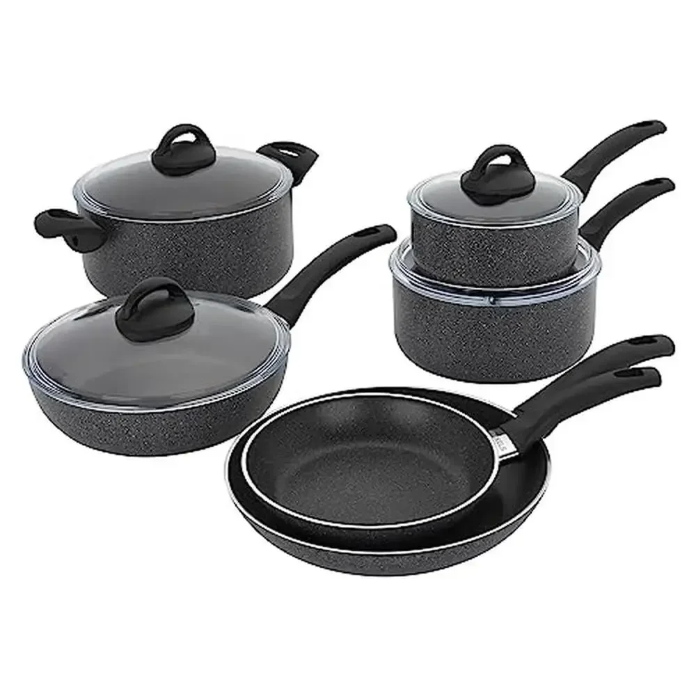 Granite 10-Piece Nonstick Cookware Set Lightweight Aluminum Construction Durable 3-Layer Coating Metal Utensil Safe Flared Rim