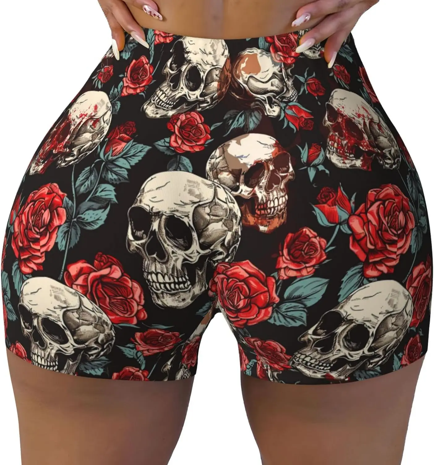 고딕 해골과 장미 발렌타인 데이 여성용 운동 반바지 신축성 있는 바이커 반바지 컴프레션 여성용 짐 반바지