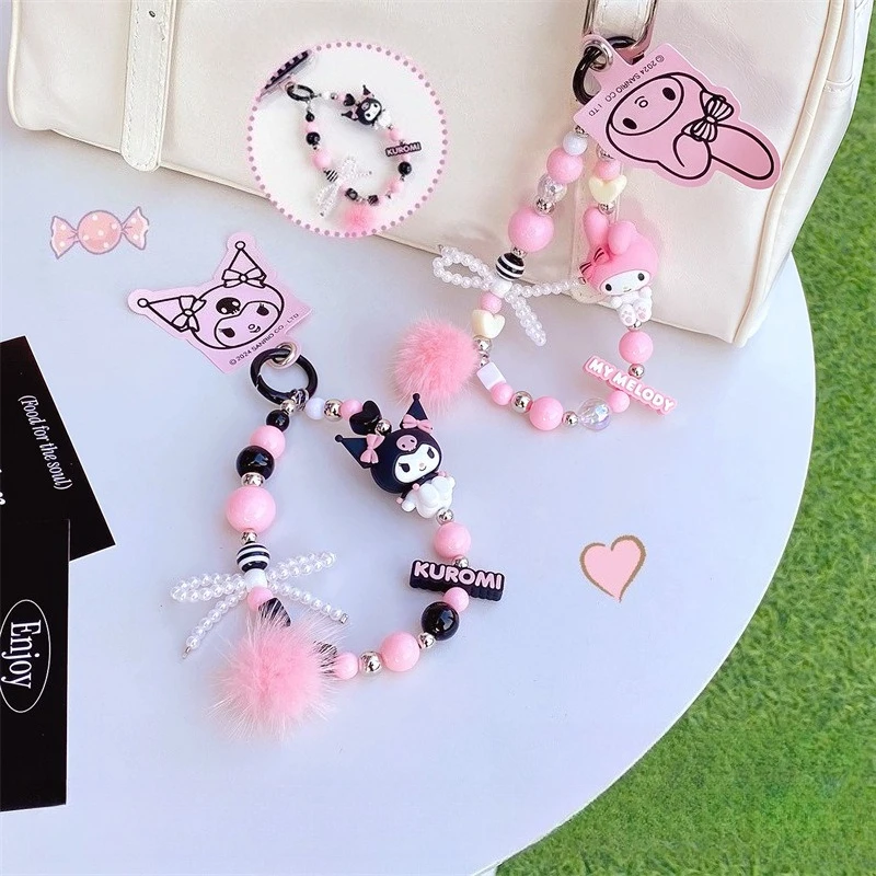 Sanrio-serie grijze en roze kralenketting sleutelhanger schattige Kuromi My Melody rugzak decoratieve hanger kinderspeelgoed verjaardagscadeau