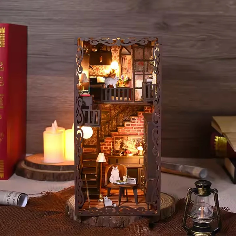 Diy livro de madeira nook prateleira inserção kits modelo em miniatura kit no.9 castelo secreto estante com luz led estantes amigos presentes