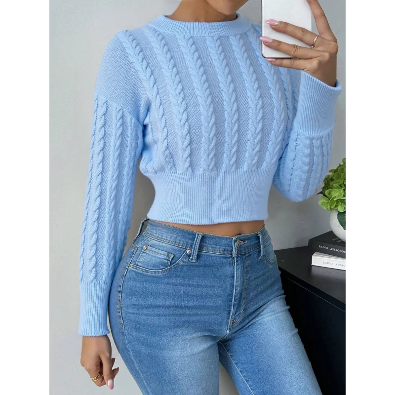 

YQ1-Autumn and Winter New Women's Clothing Round Neck Short Knitted Pullover Top College StyleinsLong Sleeve Sweater