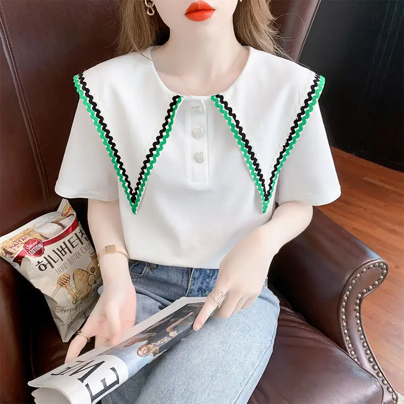 2023 Women\'s Clothing Fashion Loose Short Sleeve Pullovers Solid Color Summer O-neck Cute Sweet Young Style Streetwear Blouses