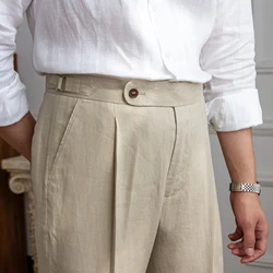 Mr. Deer Three Summer 100 Linen Italian Naples High Waist Trousers Men's Lightweight Breathable Casual Trendy Pants