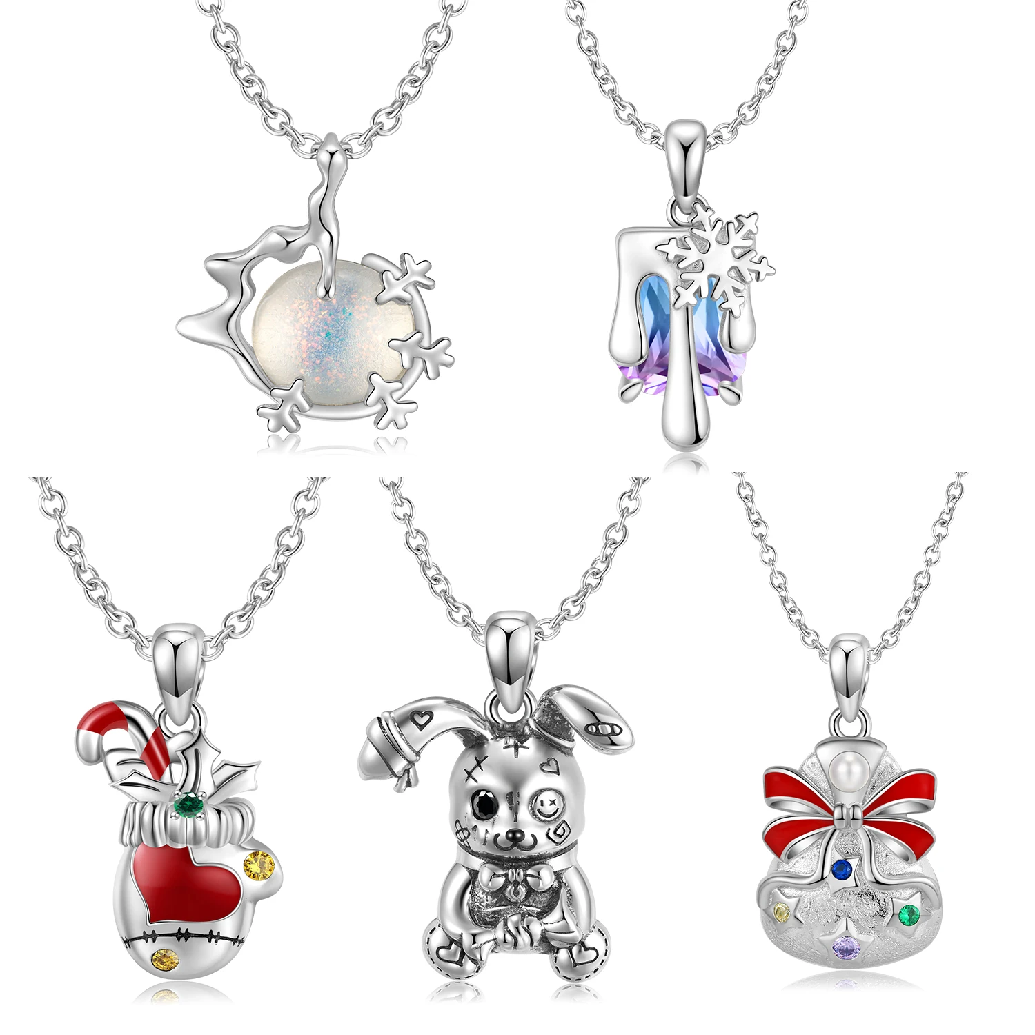 JIUHAO925 Sterling Silver Christmas Gloves Shining Snowball Rabbit Doll Pendant for Women Birthday Gift Fine Jewelry Necklace