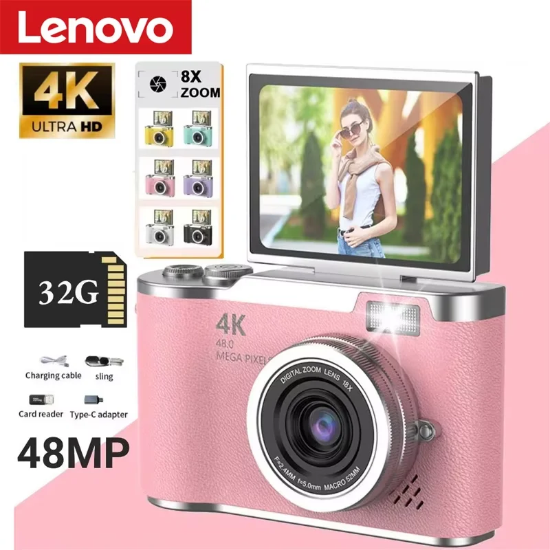 Appareil photo numérique portable Lenovo 8X avec zoom numérique 48MP pour étudiants 180 °   Cadeaux caméra selfie à écran rabattable
