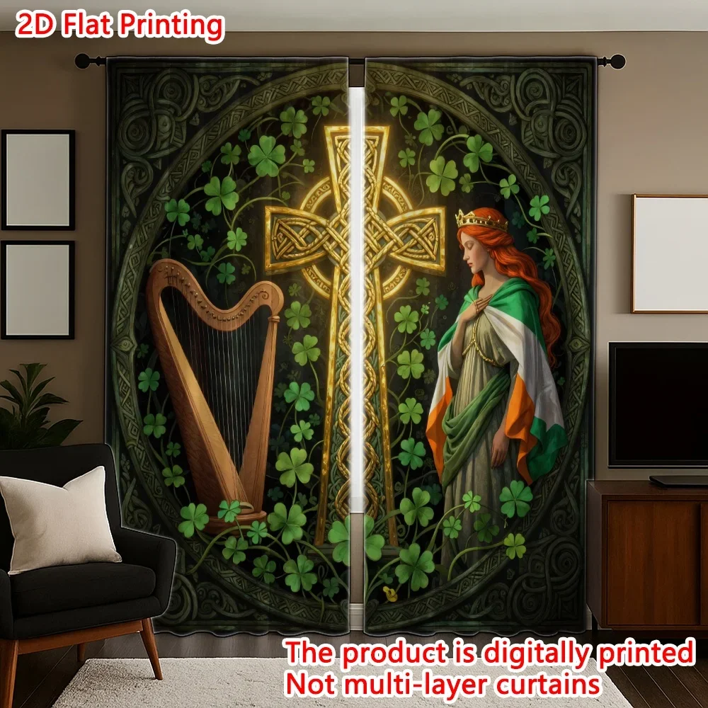 2pcs St.Patrick's Day Celtic Cross Harp and Girl Curtain - Modern Art Theme Suitable for All Room, All Season Decorative Curtain