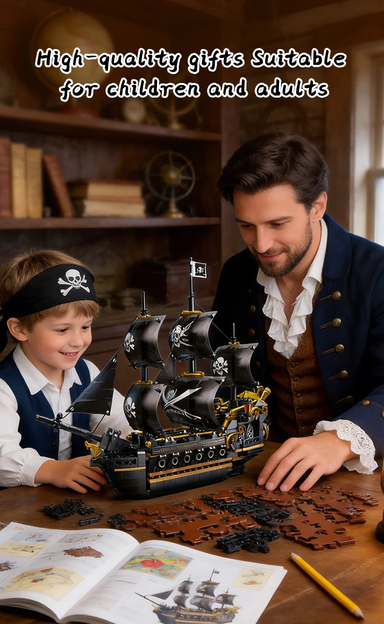 Geheimnisvolles Piratenschiff-Bausteinmodell in Schwarz-Gold-Farbschema, 3D-Puzzle-Herausforderung, Sammlerstück Marineschiff, Fördert Kreativität und Fähigkeiten – Detail 5