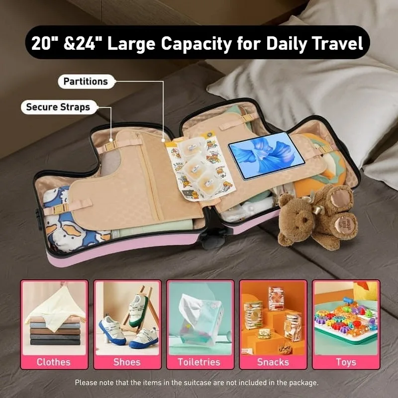 Kids Scooter Suitcase Sit & Riding Luggage with 360° Universal Wheel Pedal Handrail Removable Seat Belt Cabin Luggage 20/24 Inch