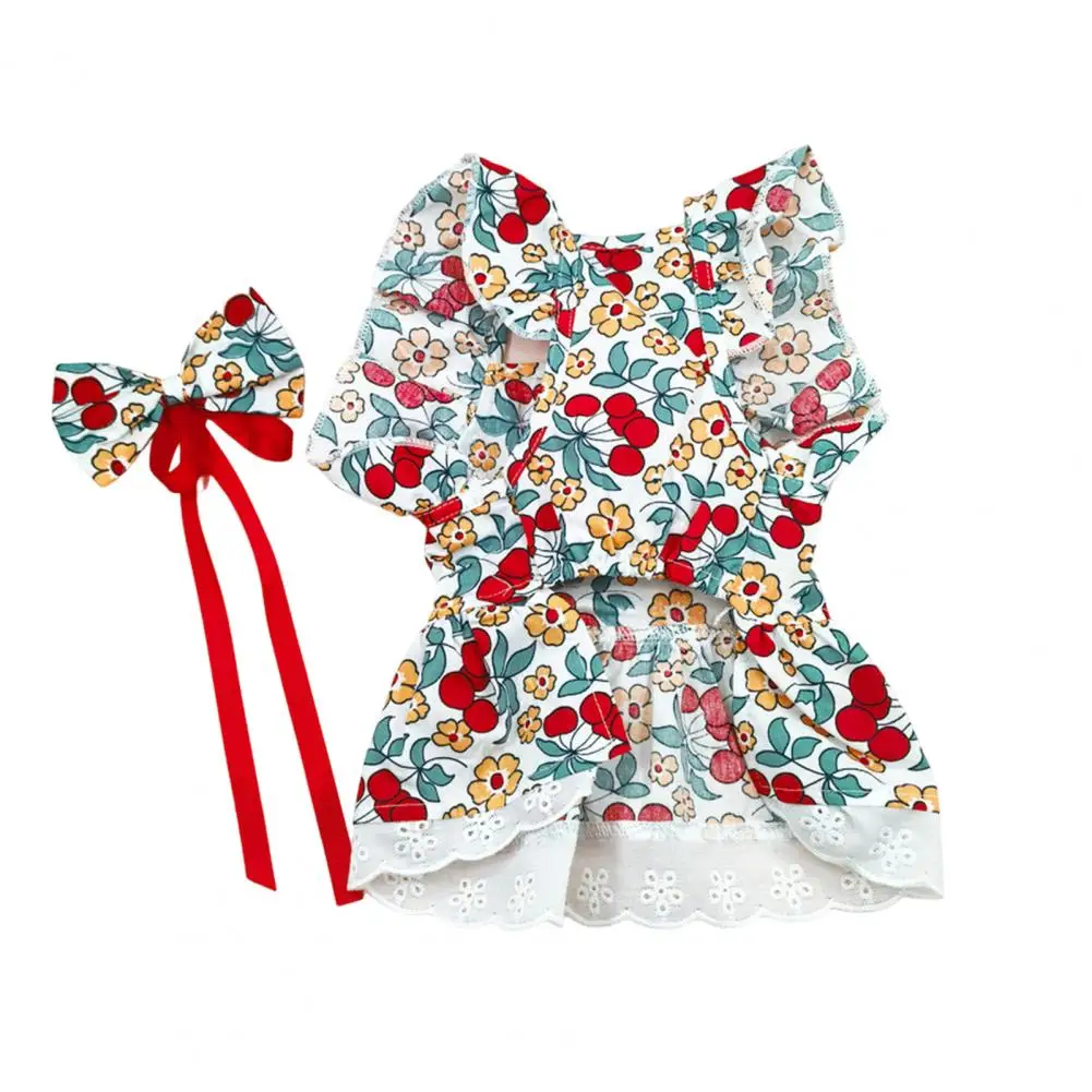 Pet Dress Flower Print Princess Dress Set with Headgear Ruffled Sleeves Cat Summer