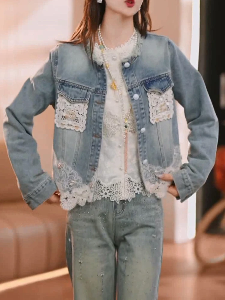 Lace Stitched Loose Lapel Chic Denim Jackets Women's 2025 Spring New Contrast Color Long-sleeve Tops Feminine Trendy Denim Coats