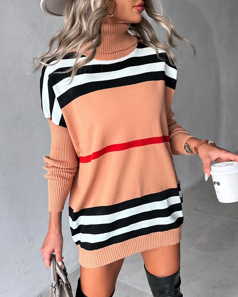 Spring Women Pullovers Fashion Striped Colorblock High Neck Knit Casual Work Sweater