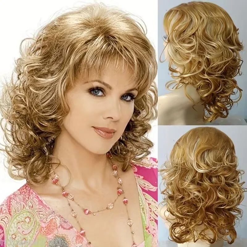 

Ombre Blonde Curly Wavy Wig Synthetic Dark Root Wig for Women's Layered Wig