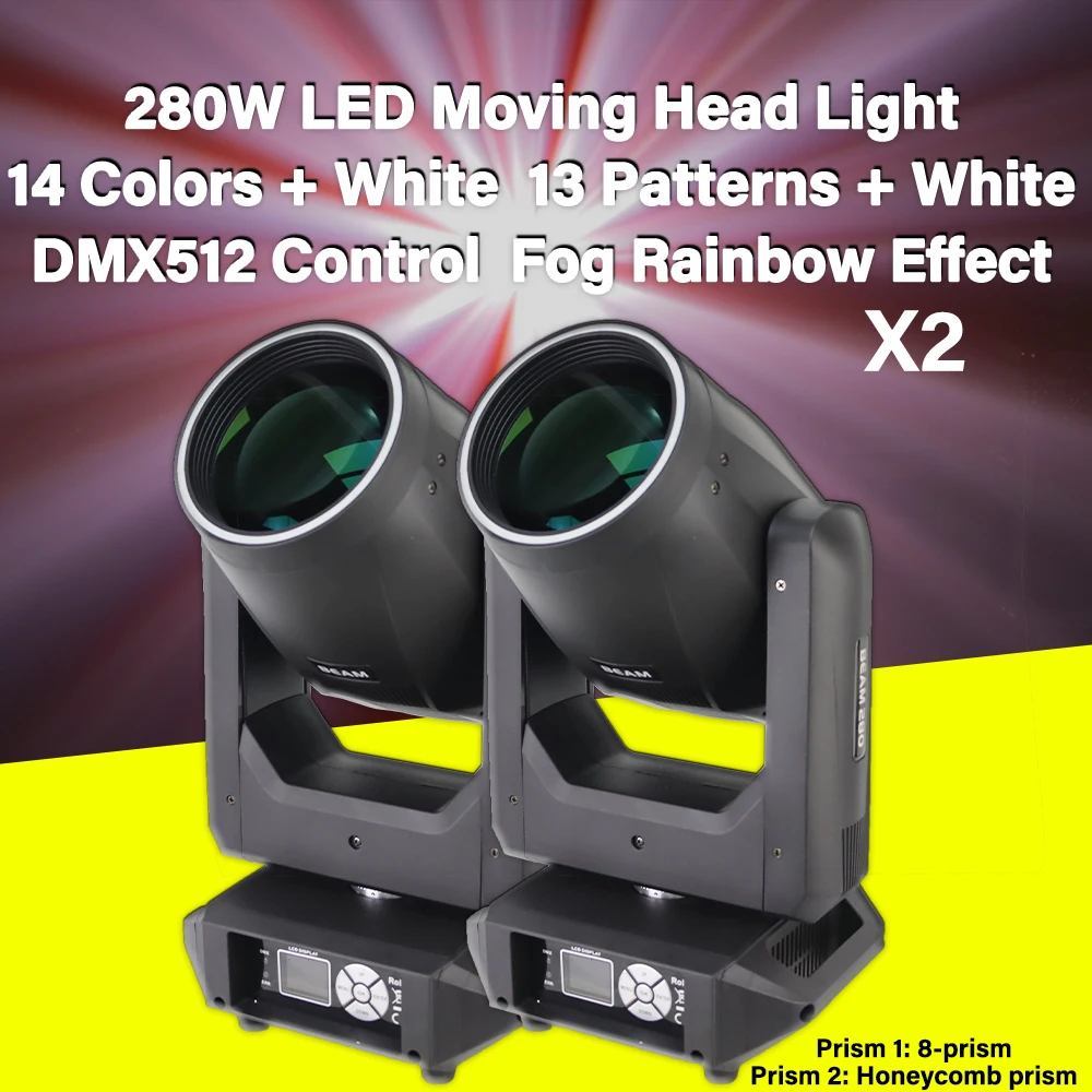 

280W LED Moving Head Lights:DMX512 Control, 14 Colors + White, 13 Patterns + White Prism Effects, Ideal for Stage Events！ 2-Pack