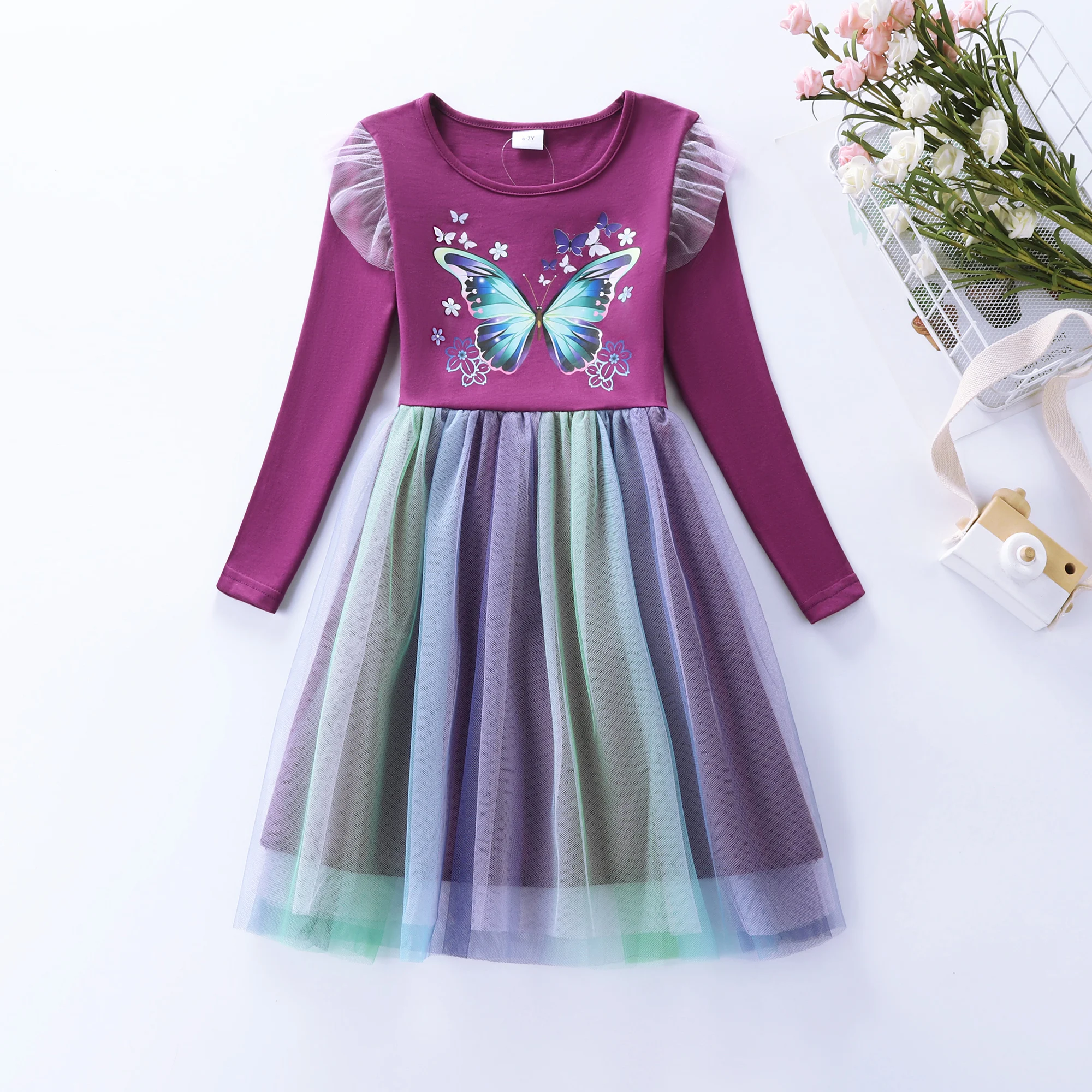 Colorful Butterfly Print Girls Long Sleeve Dress Knee-Length Mesh Paneling Autumn Fashion Small Flying Sleeve Cute Girls Dress