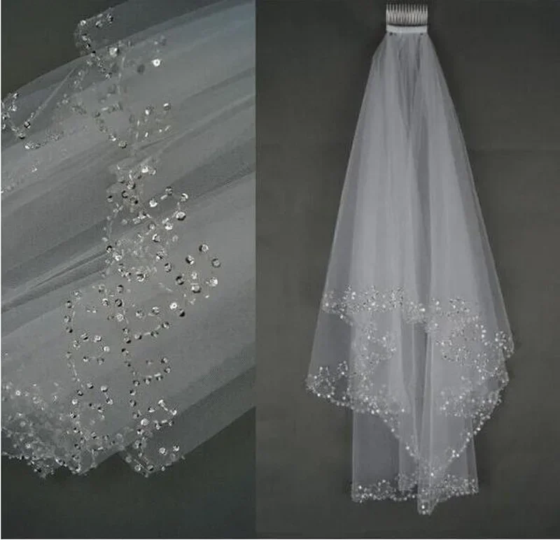 White or Ivory Short 2 Layer Wedding Veil with Comb Bride Crystal Bridal Veils 2024