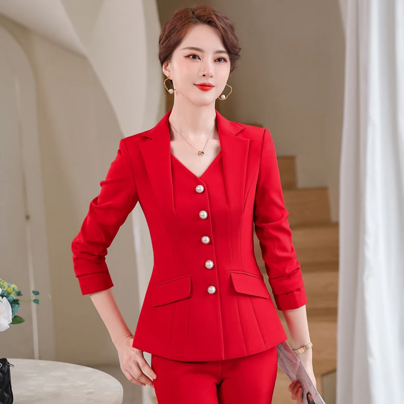 Moda bianco rosso nero giacca Blazer e pantalone pantaloni donna donna ufficio donna abbigliamento da lavoro formale 2 pezzi Set