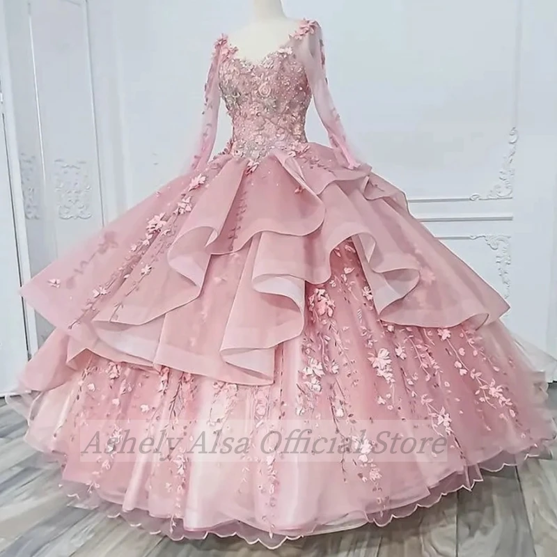 Customized Pink Long Sleeve Prom Dresses For 15 16 Year Old Girl Special Occasion Party Gown vestidos de 15 quinceañera 2024