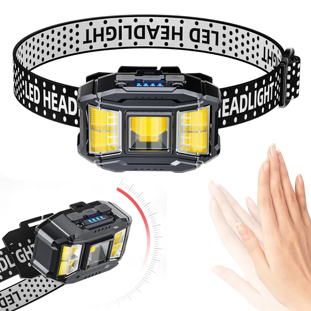 COB-モーションセンサー付きLEDヘッドランプ,強力なライト,USB充電,強力なライト,夜釣り用懐中電灯