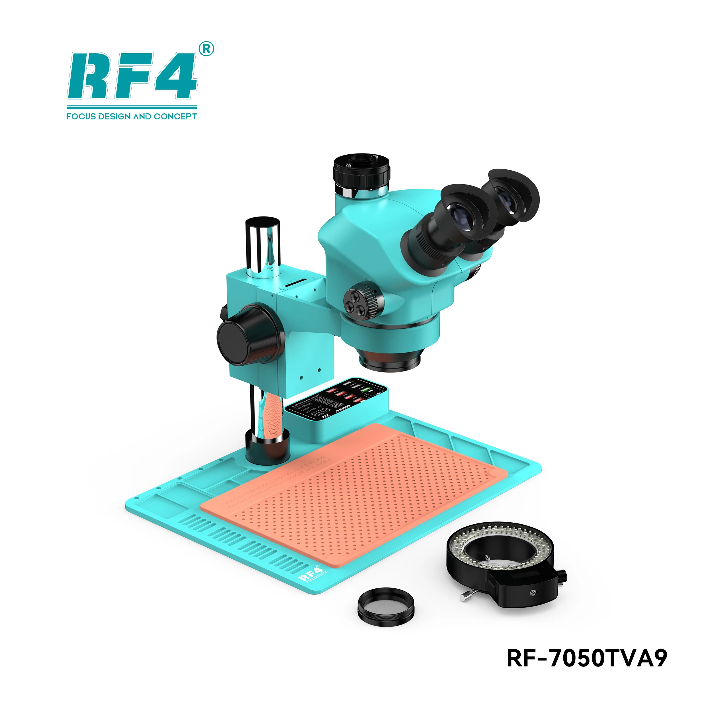 RF4 Latest Product, The 7X-50X Triocular Microscope RF-7050TVA9, Has Multiple USB Interfaces Integrated Into The Base