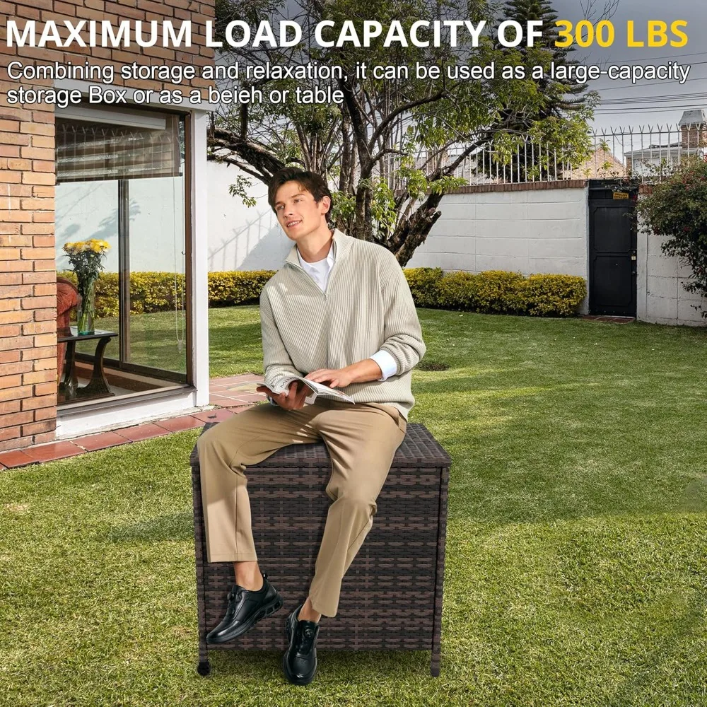 Outdoor Deck Box 80 Gallon Rattan Box Waterproof Storage Container With Handles, Soft Close Hinges and Universal Wheels