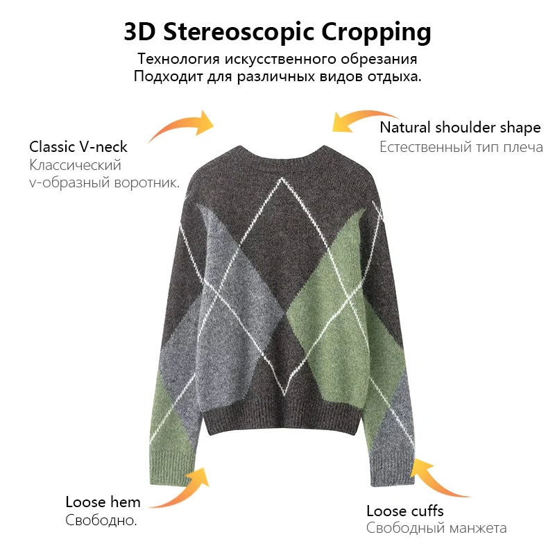 Женский трехцветный вязаный свитер с ромбовидным узором, белый полосатый свитер с круглым вырезом и длинными рукавами, повседневная универсальная модная верхняя женская одежда
