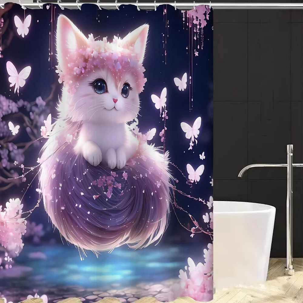 Kawaii Cat Shower Curtains for Bathroom Accessories Set Bath Curtain Bedrooms Folding Partition Things The Sets Full Luxury Home