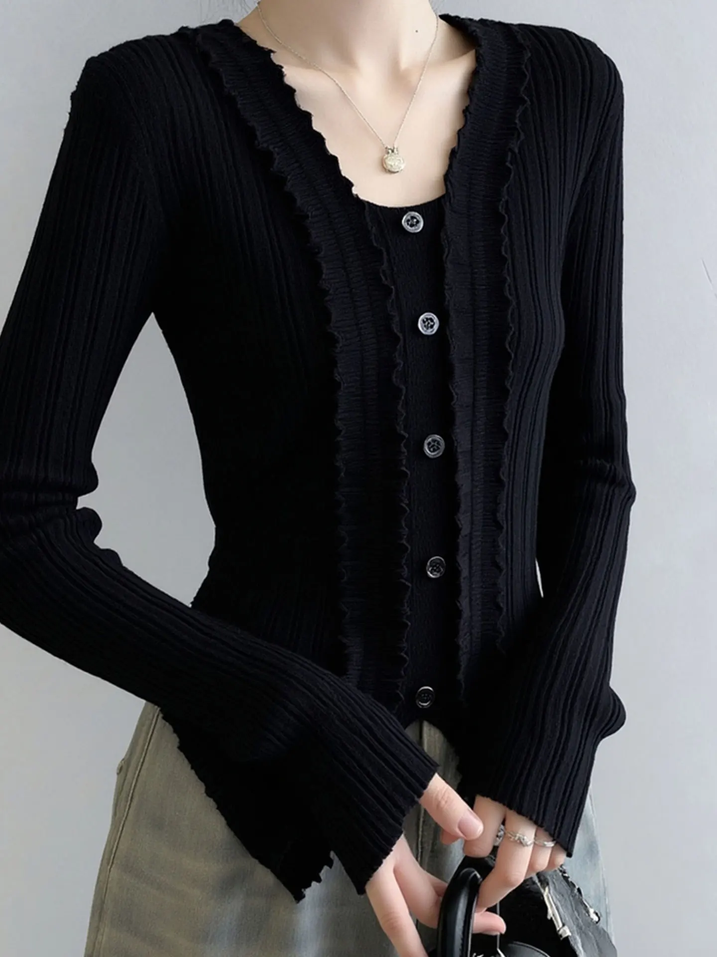 

Bla V-Ne Long Sve Camere Knitwear Women's Slim Fit Winter Faion Design Wood ain Knit Top Korean Sle