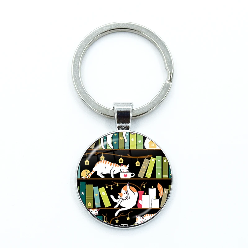 Library Cats Whimsical Cats On The Book Shelves Keychain Funny Glass Dome KeyRing Bag Car Key Chain Ring Holder Charms Jewelry