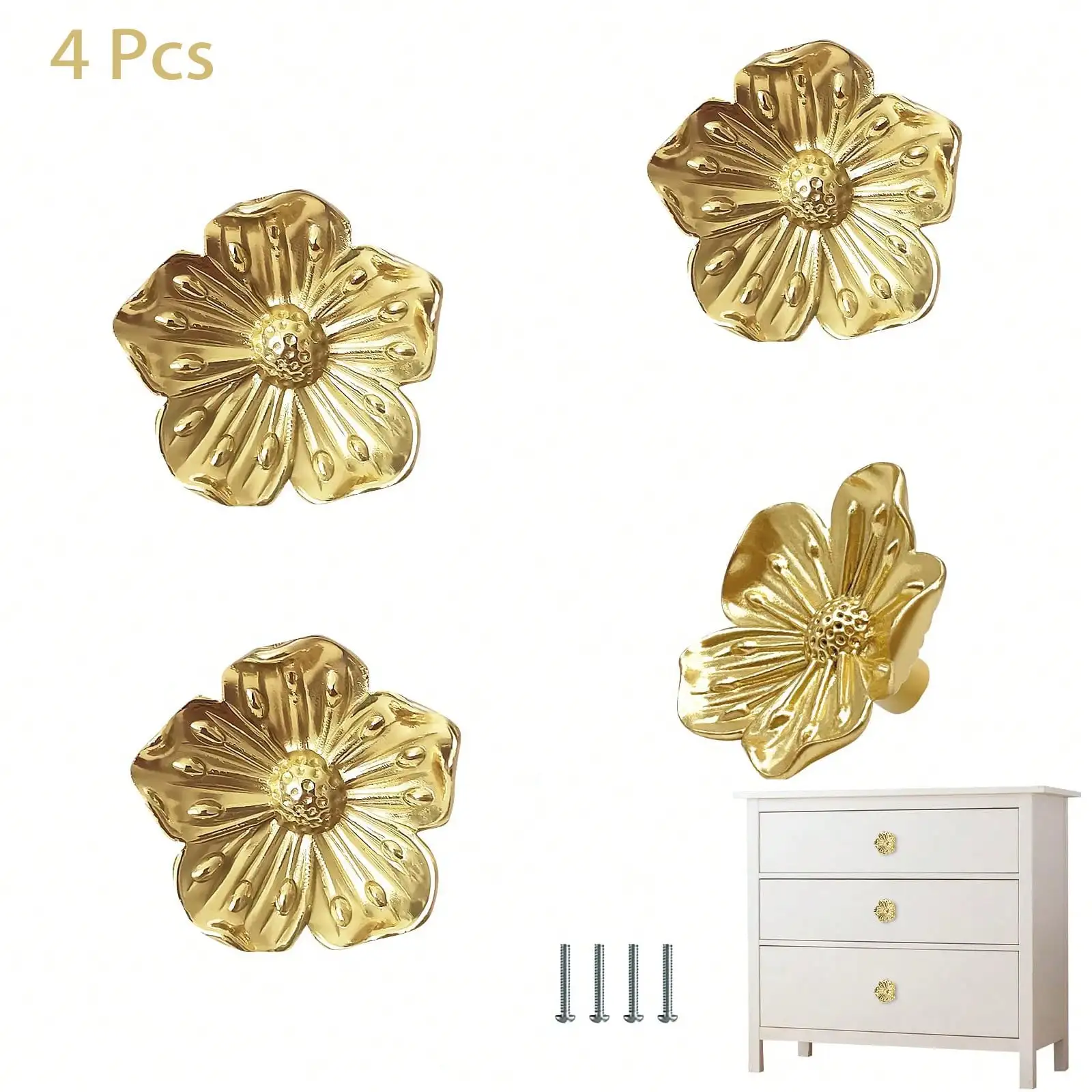 

4 Pcs Flower Shape Brass Drawer Knob Gold Cabinet Dresser Handles and Pulls Single Hole Pulls for Bedroom Kitchen Furniture