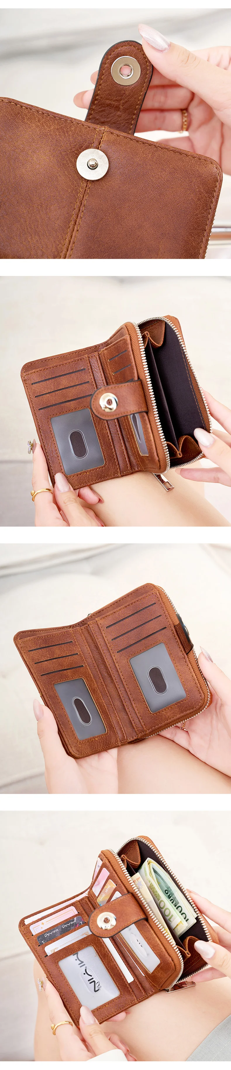 Vintage Damen RFID-blockierende Multifunktions-Kurzgeldbörse, Modische Großraum-Reißverschluss-Münzbörse, Einfacher Ausweis- und Kreditkartenhalter – Detail 4