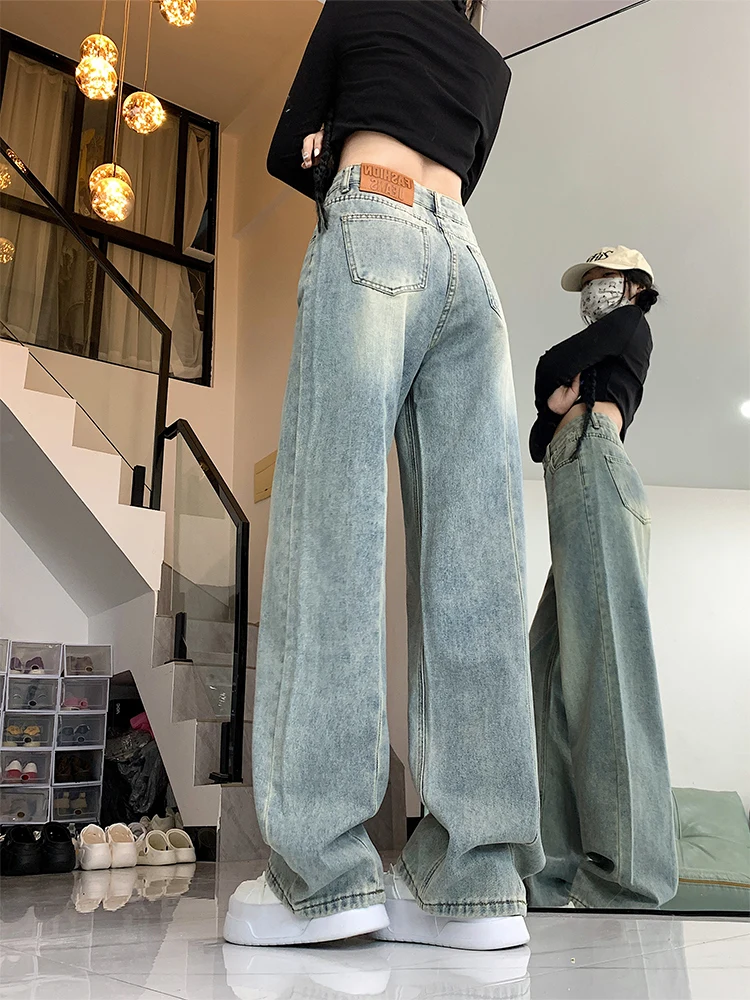

Ретро джинсы с высокой талией и широкими штанинами для женщин, весна-осень, светло-голубые, драпированные, свободные, прямые, стройнящие, в пол